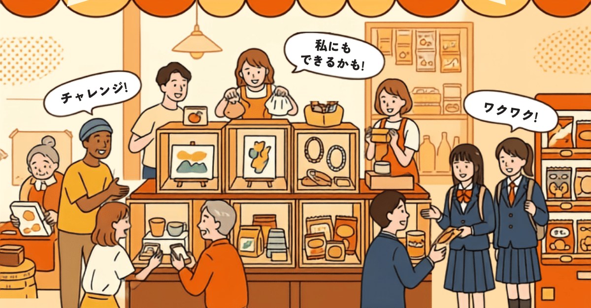 BOX SHOPのイメージイラスト。棚に並んだ商品を、いろいろな年代のお客さんが手に取っている様子